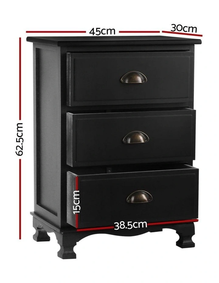 Artiss 2x Bedside Table 3 Drawers Vintage - THYME Black image 2