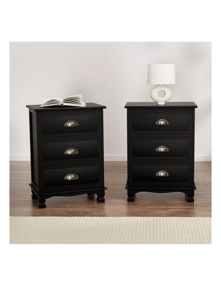 Artiss 2x Bedside Table 3 Drawers Vintage - THYME Black image 3