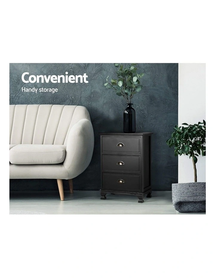 Artiss 2x Bedside Table 3 Drawers Vintage - THYME Black image 5
