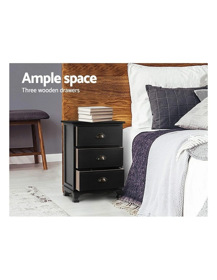 Artiss 2x Bedside Table 3 Drawers Vintage - THYME Black image 7