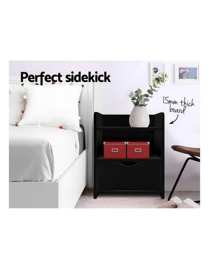 Artiss 2X Bedside Table 1 Drawer with Shelf - FARA Black image 2