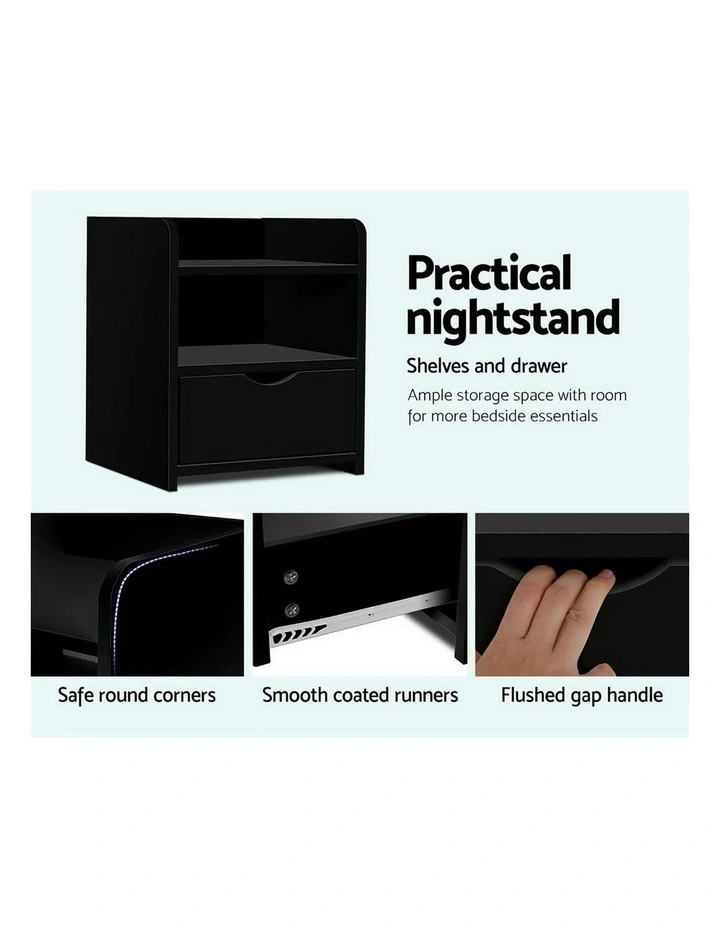 Artiss 2X Bedside Table 1 Drawer with Shelf - FARA Black image 6