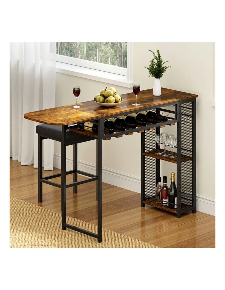 Artiss Industrial Bar Table with Wine Rack Built-in Cup Holder Extendable 140cm image 4