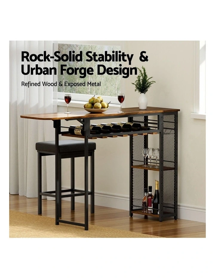 Artiss Industrial Bar Table with Wine Rack Built-in Cup Holder Extendable 140cm image 6