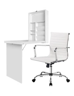 Artiss Computer Desk Office Chair Set PU Leather Wall Mount Foldable Table White