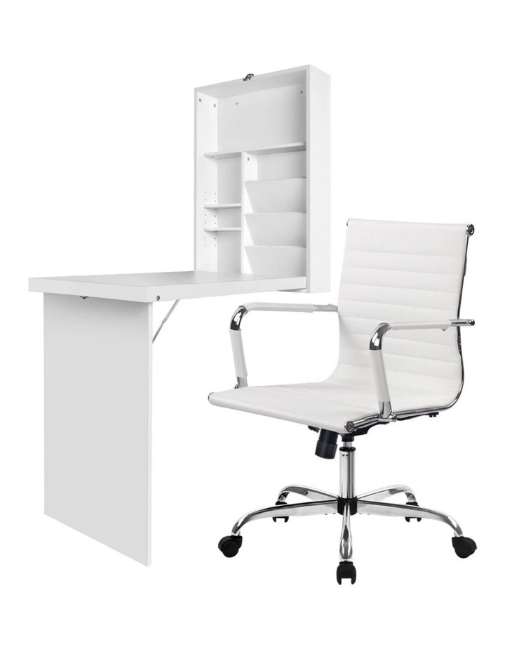 Artiss Computer Desk Office Chair Set PU Leather Wall Mount Foldable Table White image 1