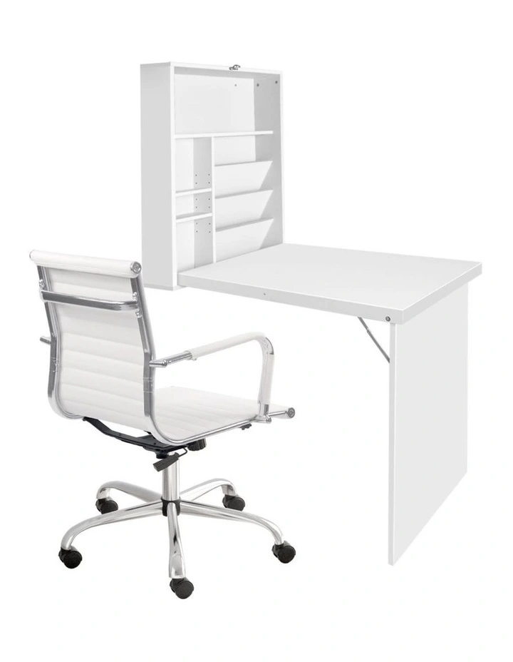 Artiss Computer Desk Office Chair Set PU Leather Wall Mount Foldable Table White image 2