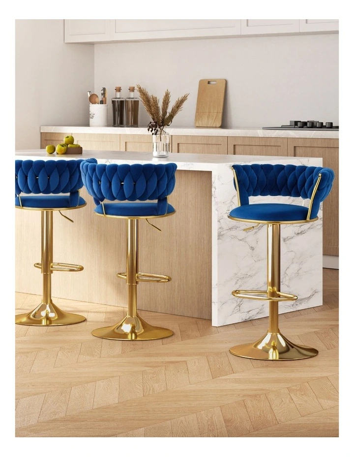 Artiss 4x Bar Stools Gas Lift Velvet Woven Backrest Navy image 4