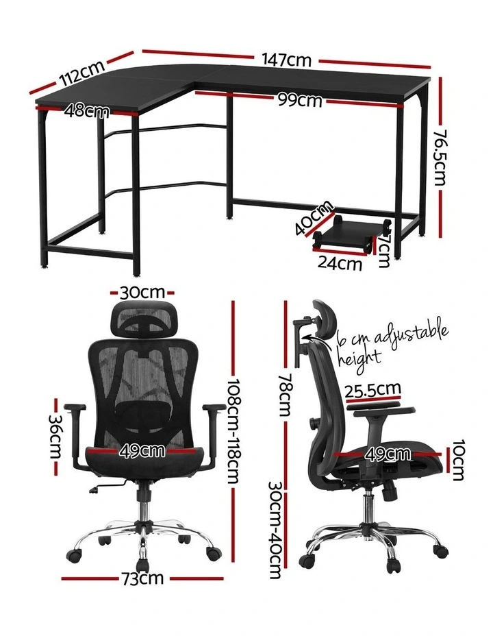 Artiss Computer Desk L-Shape Corner Desks Ergonomic Office Chair Mesh Chairs image 4