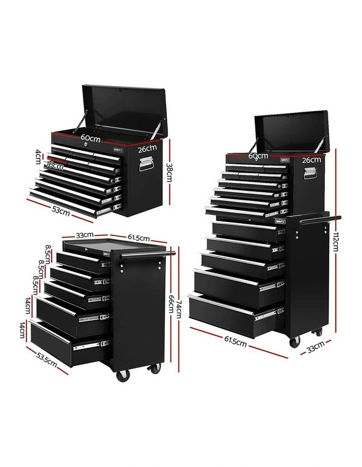 Giantz 15 Drawers Tool Chest Trolley Toolbox 2-in-1 Storage Black image 4