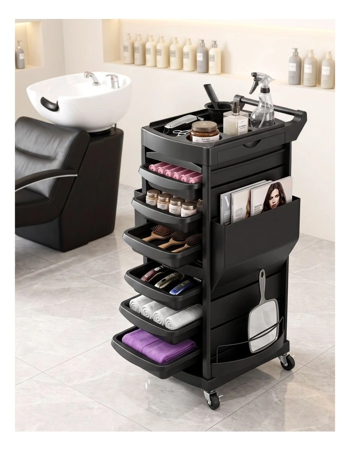 Embellir Salon Trolley 2 Lockable Doors 6 Tier Trays Mobile Hair Cart Black image 5