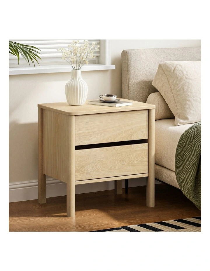 Oikiture Bedside Table 2 Drawers Side Table Nightstand Handle-free Natural image 4