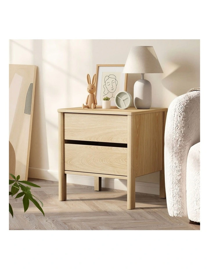 Oikiture Bedside Table 2 Drawers Side Table Nightstand Handle-free Natural image 6