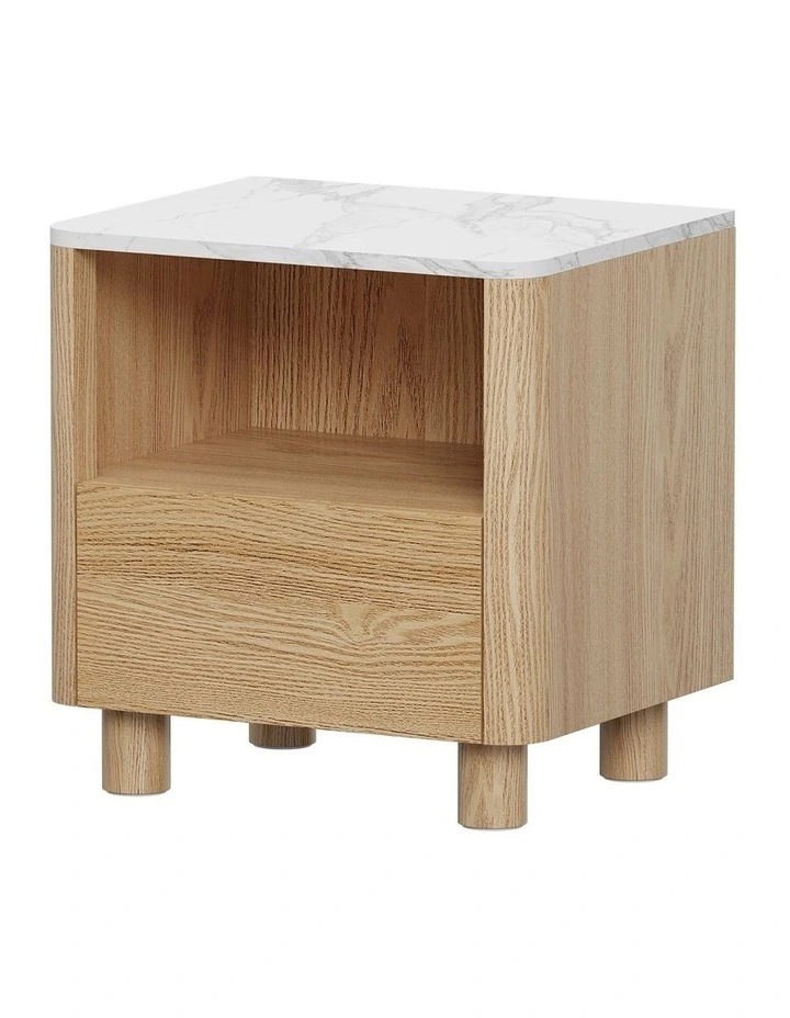 Oikiture Bedside Table Nightstand One Drawer Open Shelf Handle-Free Natural image 1