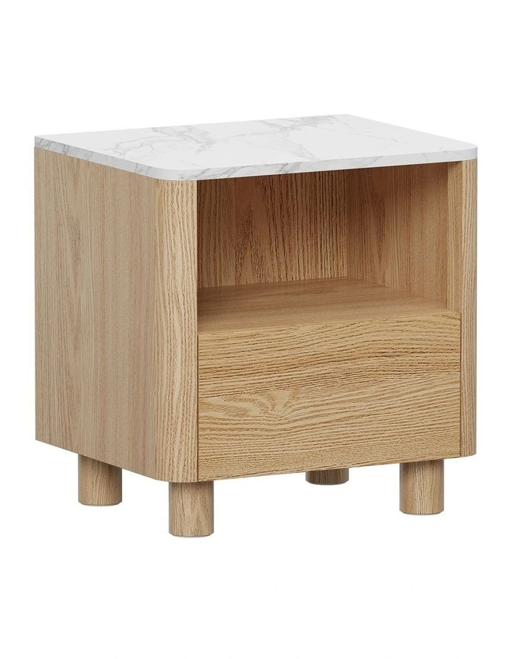 Oikiture Bedside Table Nightstand One Drawer Open Shelf Handle-Free Natural image 2