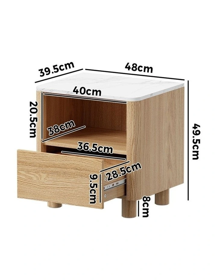 Oikiture Bedside Table Nightstand One Drawer Open Shelf Handle-Free Natural image 3