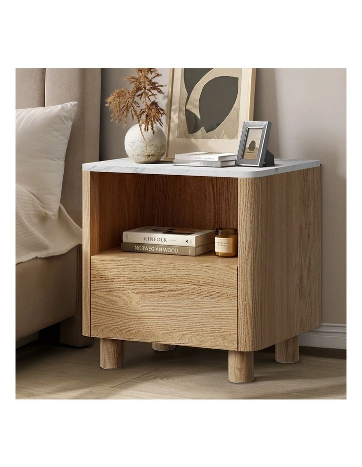 Oikiture Bedside Table Nightstand One Drawer Open Shelf Handle-Free Natural image 4