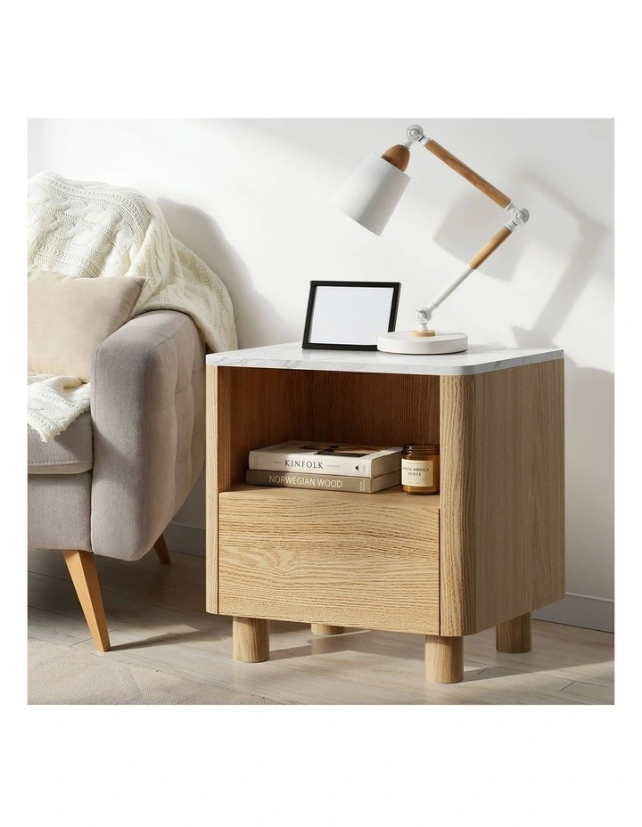 Oikiture Bedside Table Nightstand One Drawer Open Shelf Handle-Free Natural image 6
