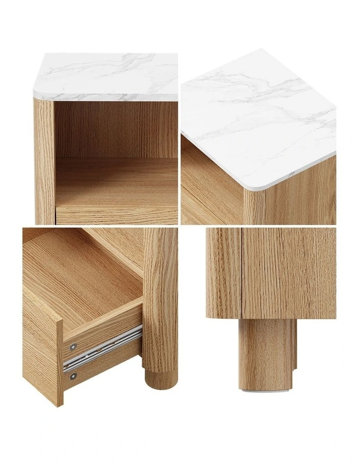 Oikiture Bedside Table Nightstand One Drawer Open Shelf Handle-Free Natural image 7