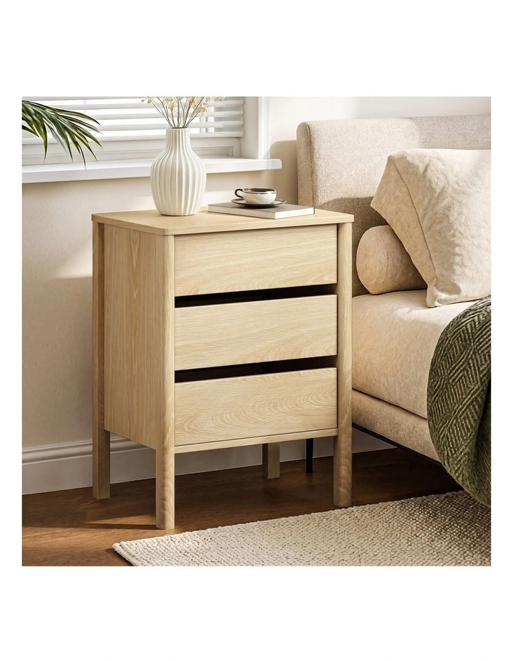 Oikiture Bedside Table 3 Drawers Side Table Nightstand Handle-free Natural image 4