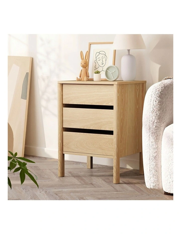 Oikiture Bedside Table 3 Drawers Side Table Nightstand Handle-free Natural image 6