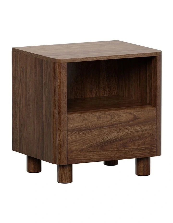 Oikiture Bedside Table Nightstand One Drawer Open Shelf Handle-Free Walnut image 2