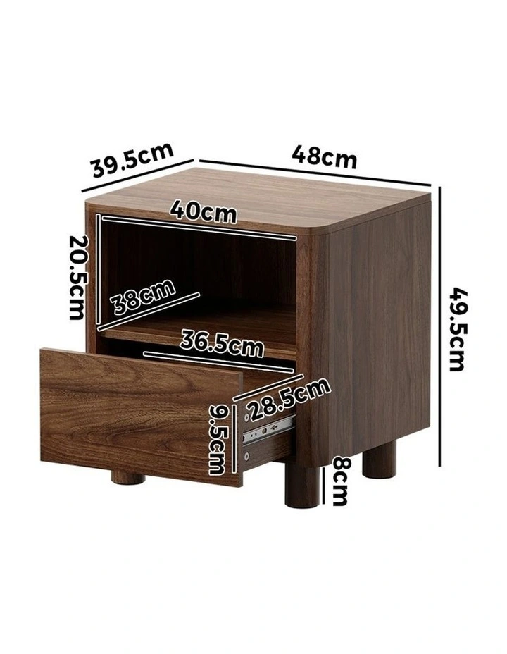 Oikiture Bedside Table Nightstand One Drawer Open Shelf Handle-Free Walnut image 3