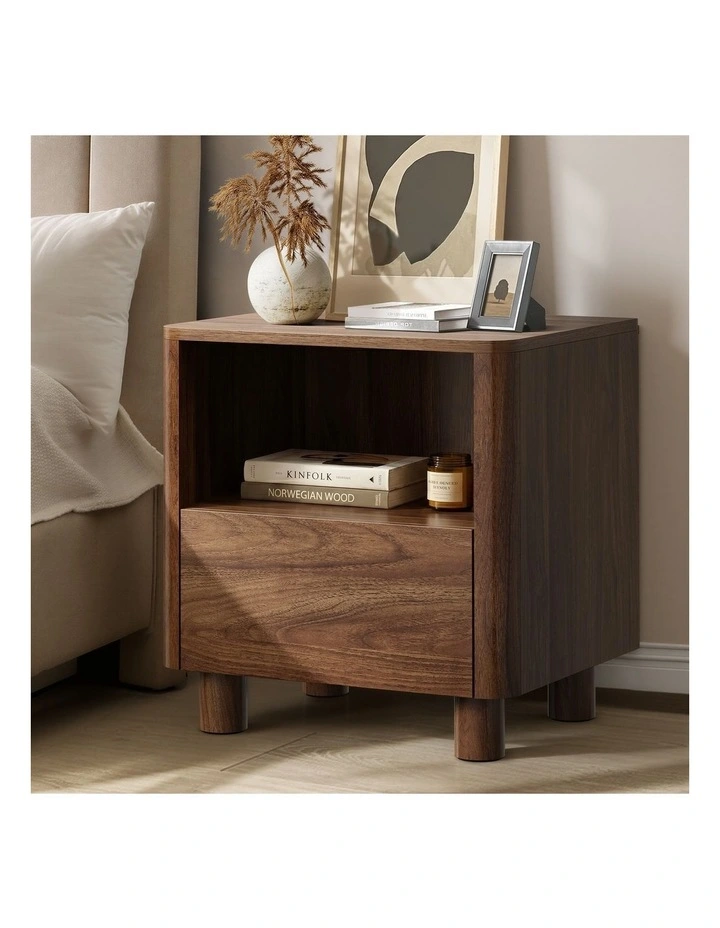 Oikiture Bedside Table Nightstand One Drawer Open Shelf Handle-Free Walnut image 4