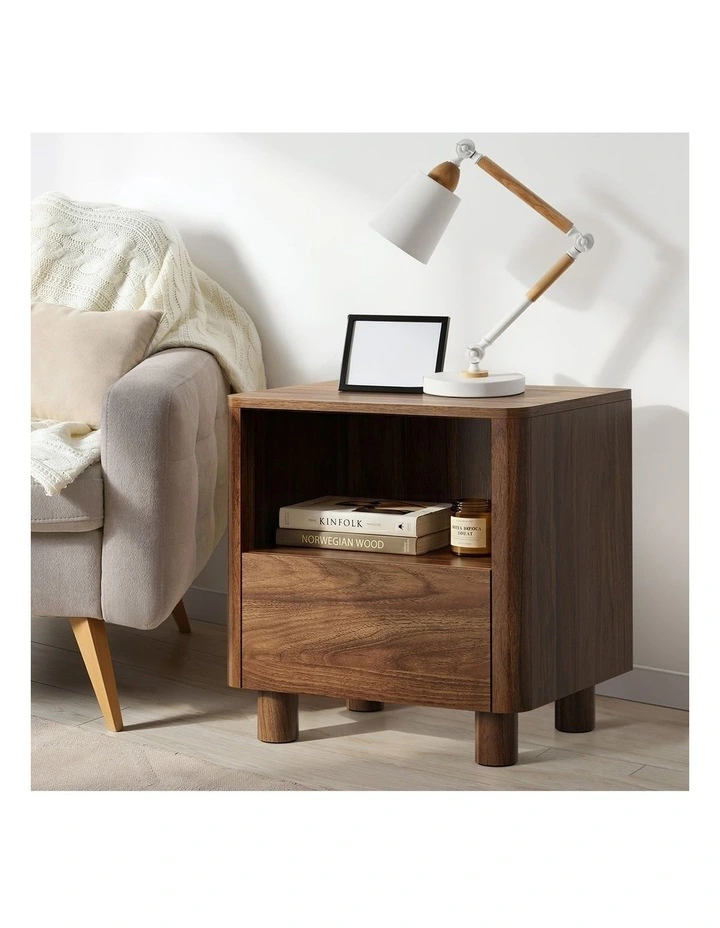Oikiture Bedside Table Nightstand One Drawer Open Shelf Handle-Free Walnut image 6