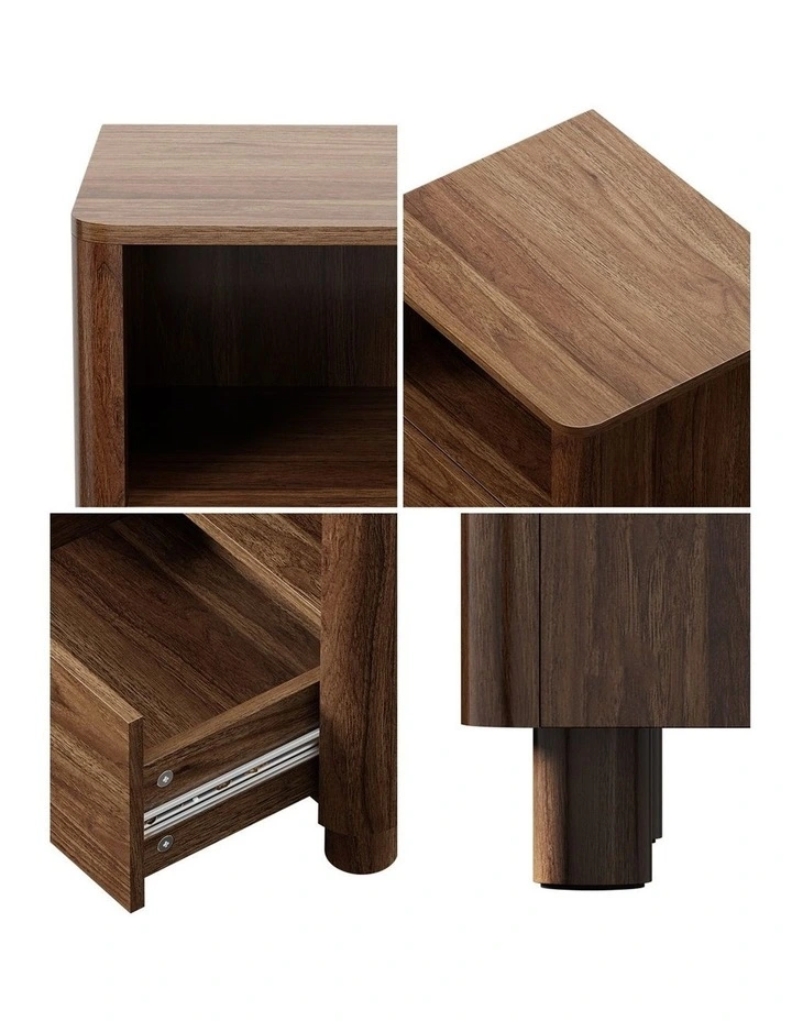 Oikiture Bedside Table Nightstand One Drawer Open Shelf Handle-Free Walnut image 7