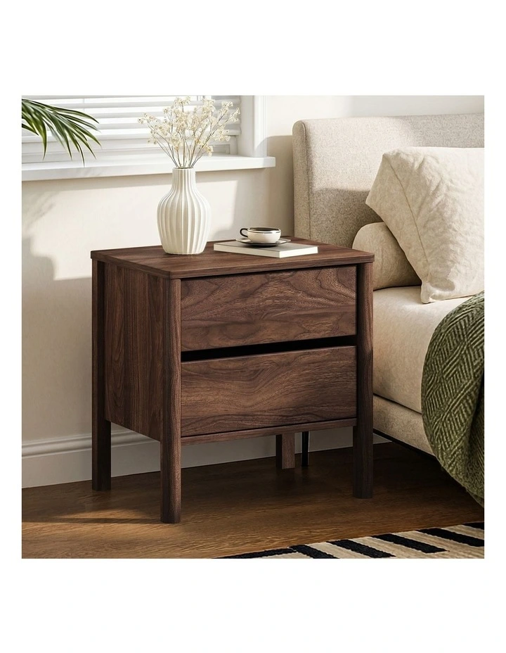 Oikiture Bedside Table 2 Drawers Side Table Nightstand Handle-free Walnut image 4