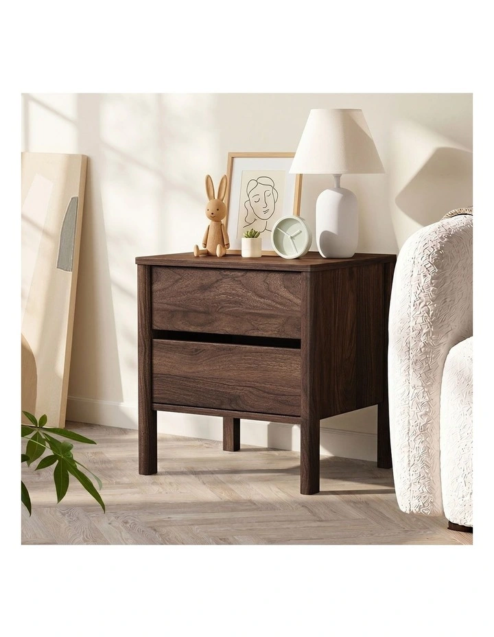Oikiture Bedside Table 2 Drawers Side Table Nightstand Handle-free Walnut image 6