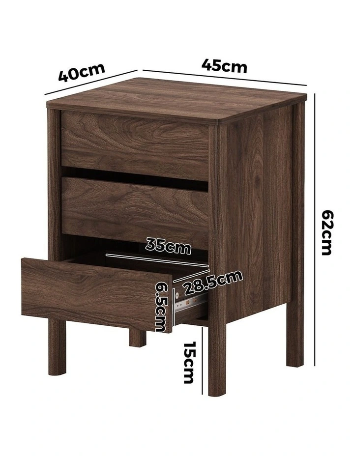 Oikiture Bedside Table 3 Drawers Side Table Nightstand Handle-free Walnut image 3