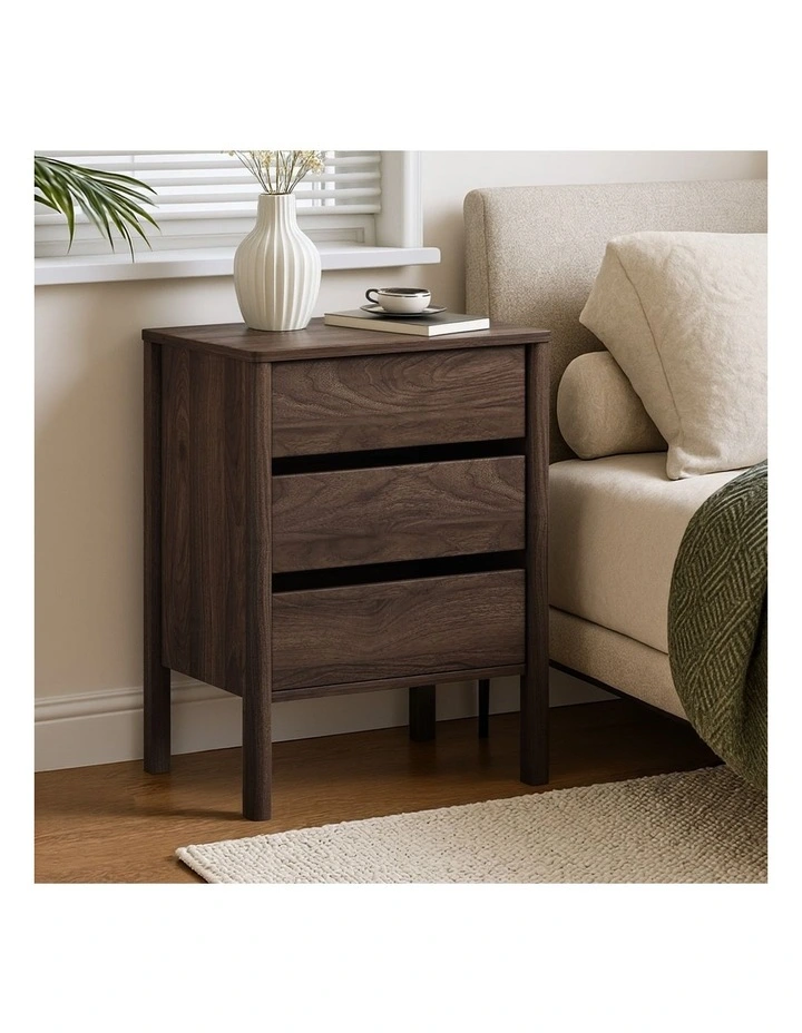 Oikiture Bedside Table 3 Drawers Side Table Nightstand Handle-free Walnut image 4