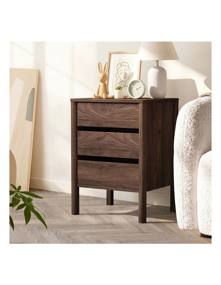 Oikiture Bedside Table 3 Drawers Side Table Nightstand Handle-free Walnut image 6