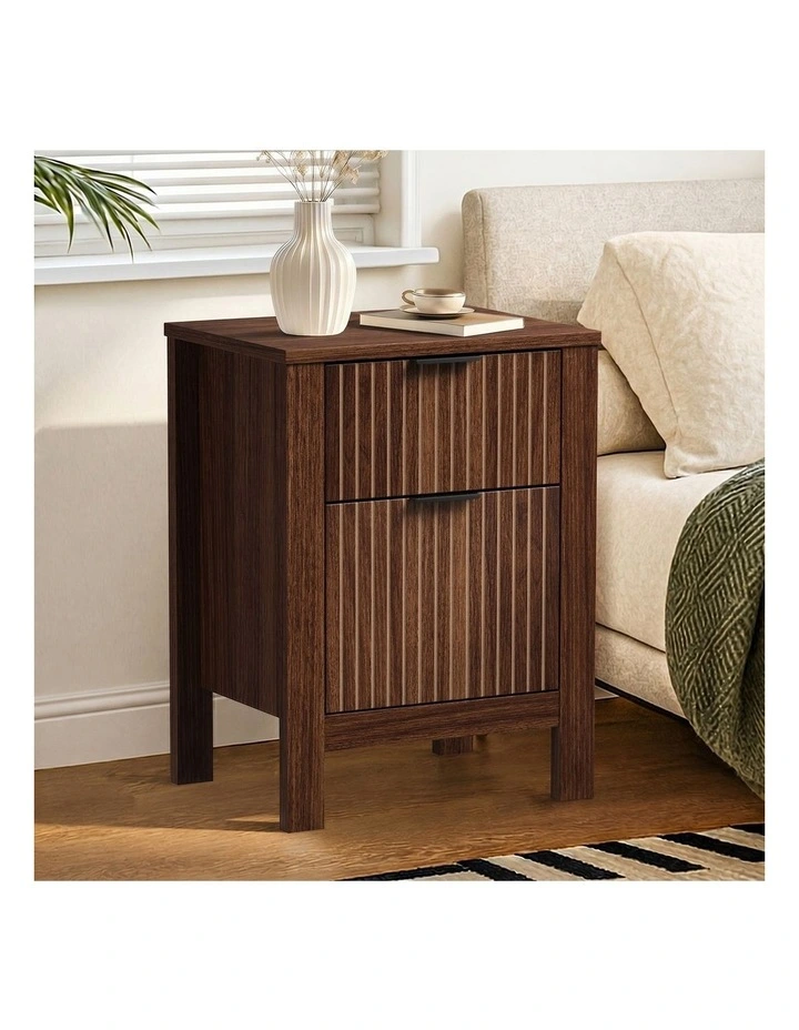 Oikiture Modern Bedside Table Nightstand Drawer Shelf Door Cabinet Walnut image 4