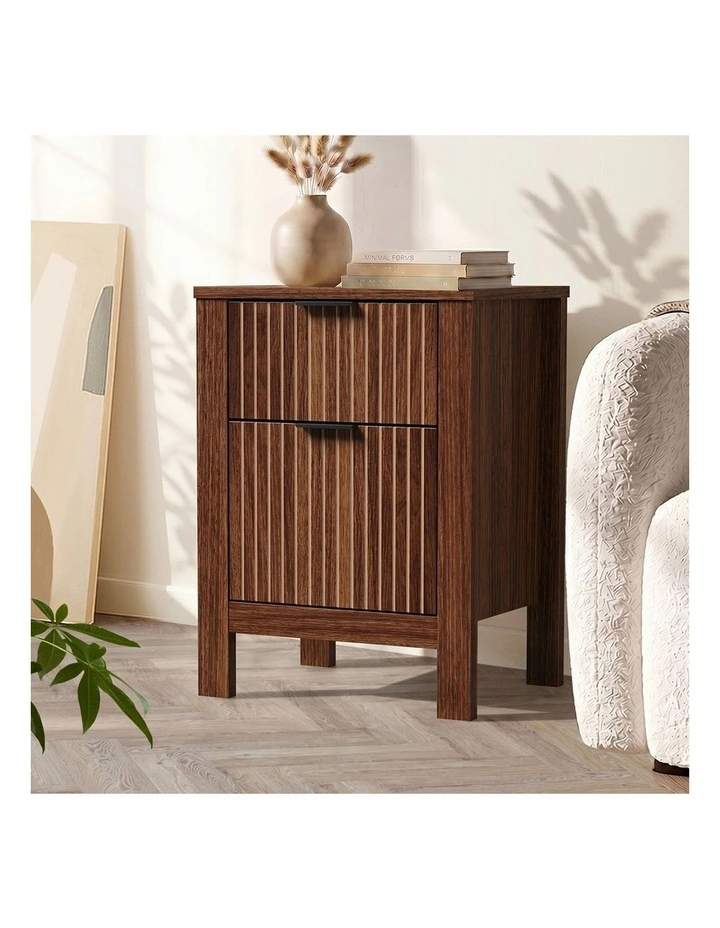 Oikiture Modern Bedside Table Nightstand Drawer Shelf Door Cabinet Walnut image 6