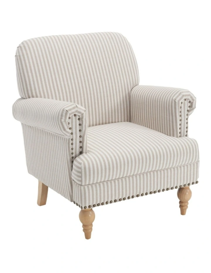 Striped Linen Fabric Accent Chair, Modern Farmhouse Upholstered Armchair with Nailhead Trim image 1