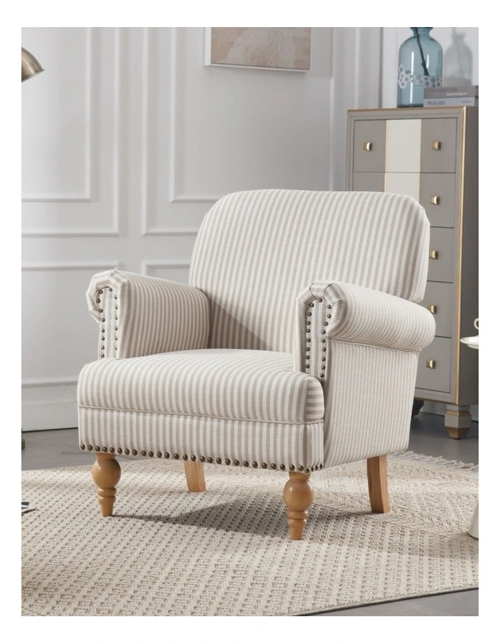 Striped Linen Fabric Accent Chair, Modern Farmhouse Upholstered Armchair with Nailhead Trim image 2