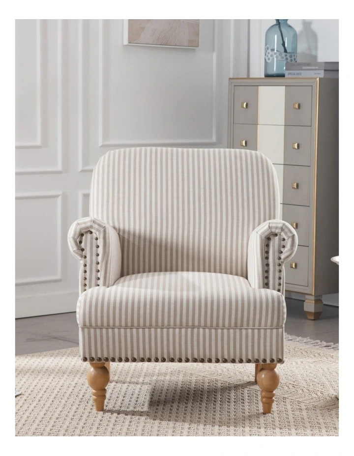Striped Linen Fabric Accent Chair, Modern Farmhouse Upholstered Armchair with Nailhead Trim image 3