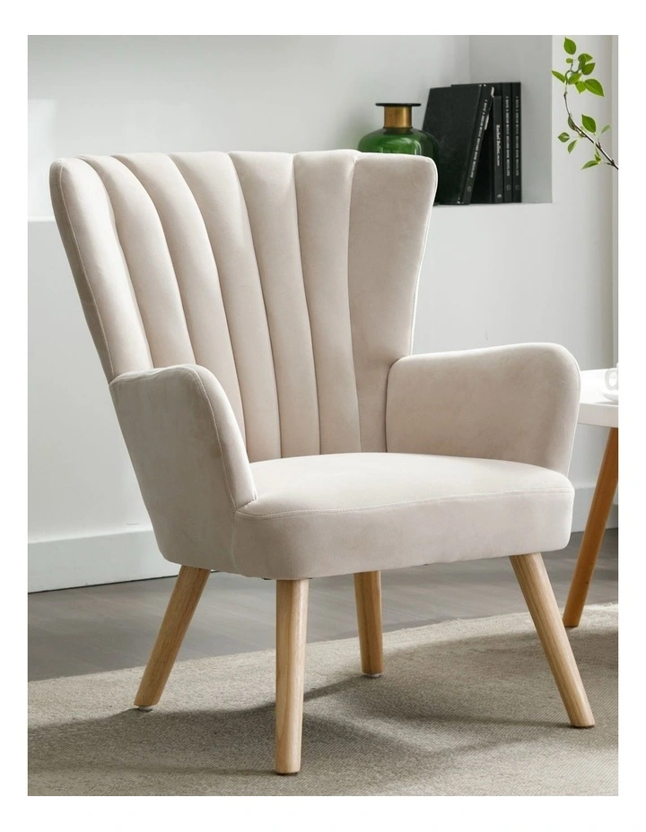 Velvet Wingback Modern Accent Chair with Four Wood Legs, Shell Back Comfy Armchair, Beige image 2