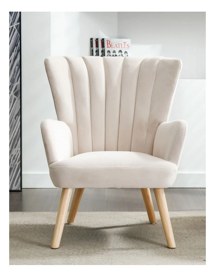 Velvet Wingback Modern Accent Chair with Four Wood Legs, Shell Back Comfy Armchair, Beige image 3