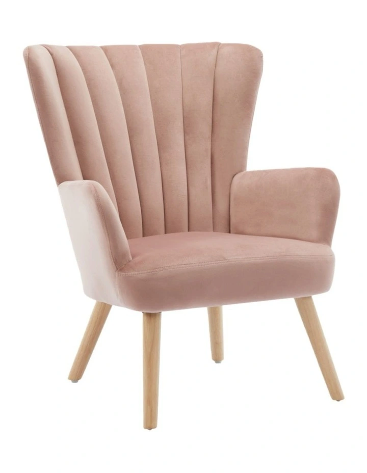Velvet Wingback Modern Accent Chair with Four Wood Legs, Shell Back Comfy Armchair, Pink image 1