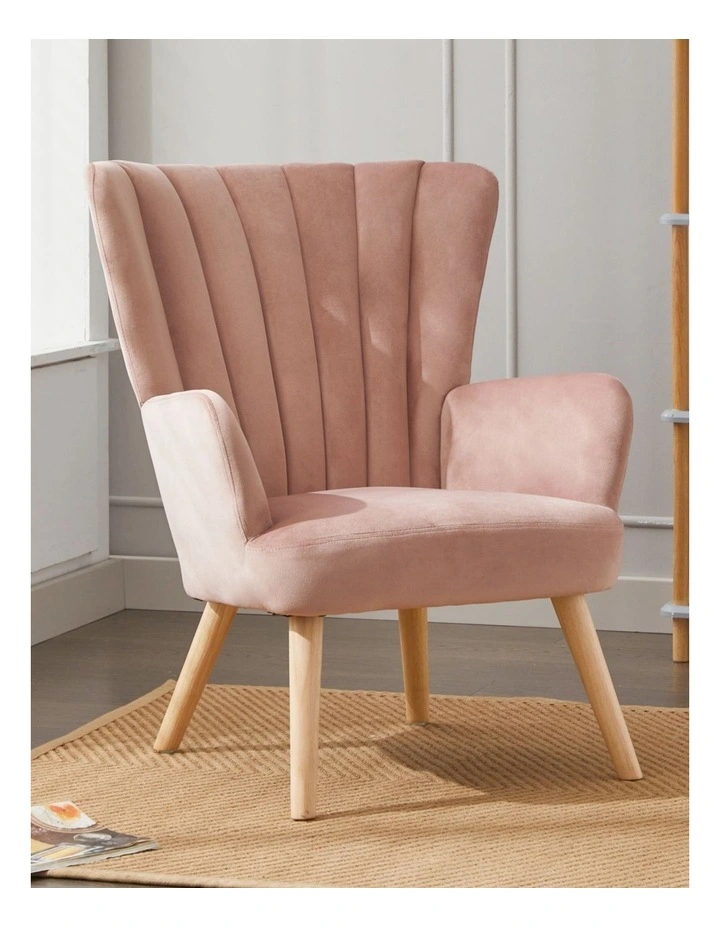 Velvet Wingback Modern Accent Chair with Four Wood Legs, Shell Back Comfy Armchair, Pink image 2
