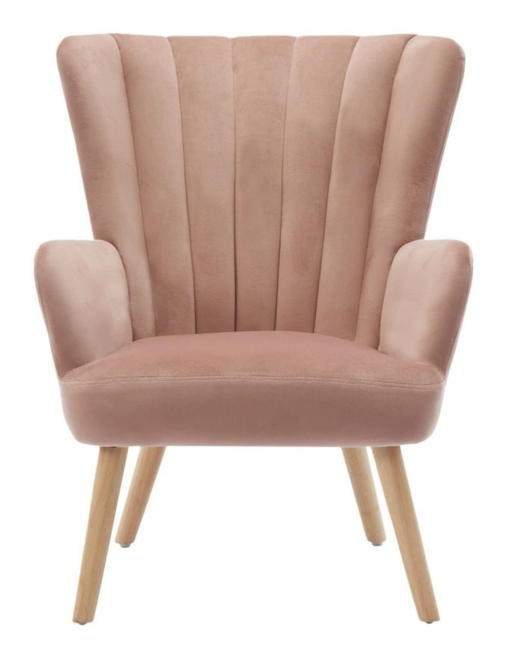 Velvet Wingback Modern Accent Chair with Four Wood Legs, Shell Back Comfy Armchair, Pink image 3