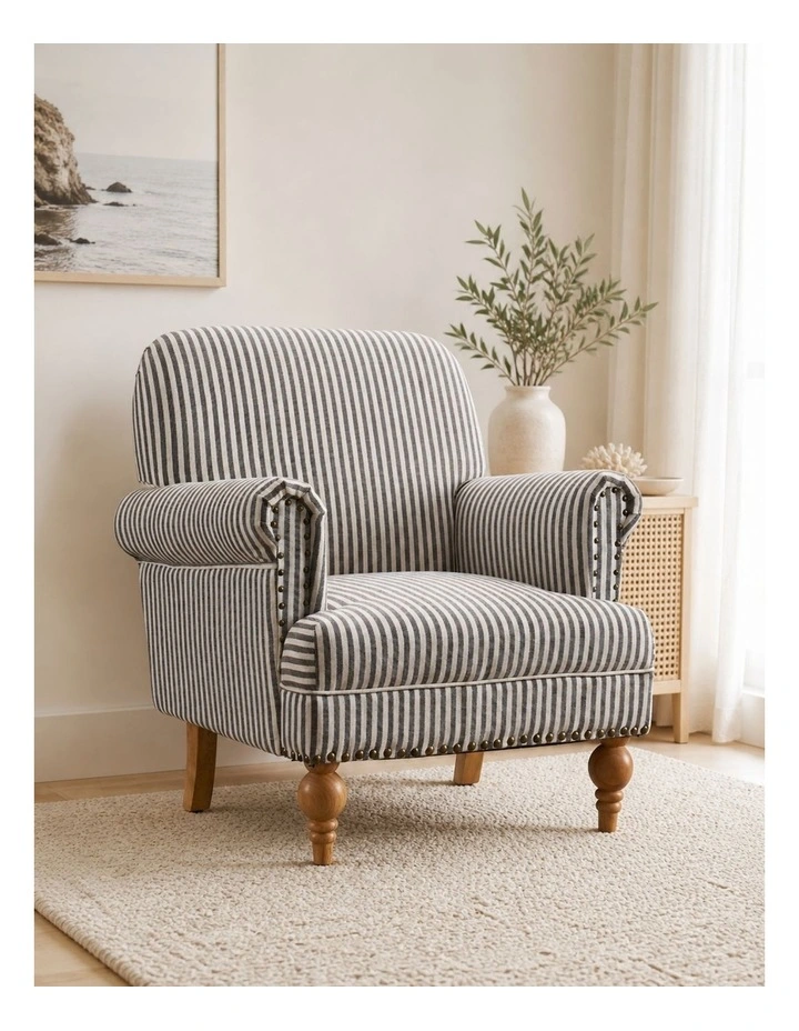 Striped Linen Fabric Accent Chair, Modern Farmhouse Upholstered Armchair with Nailhead Trim image 2