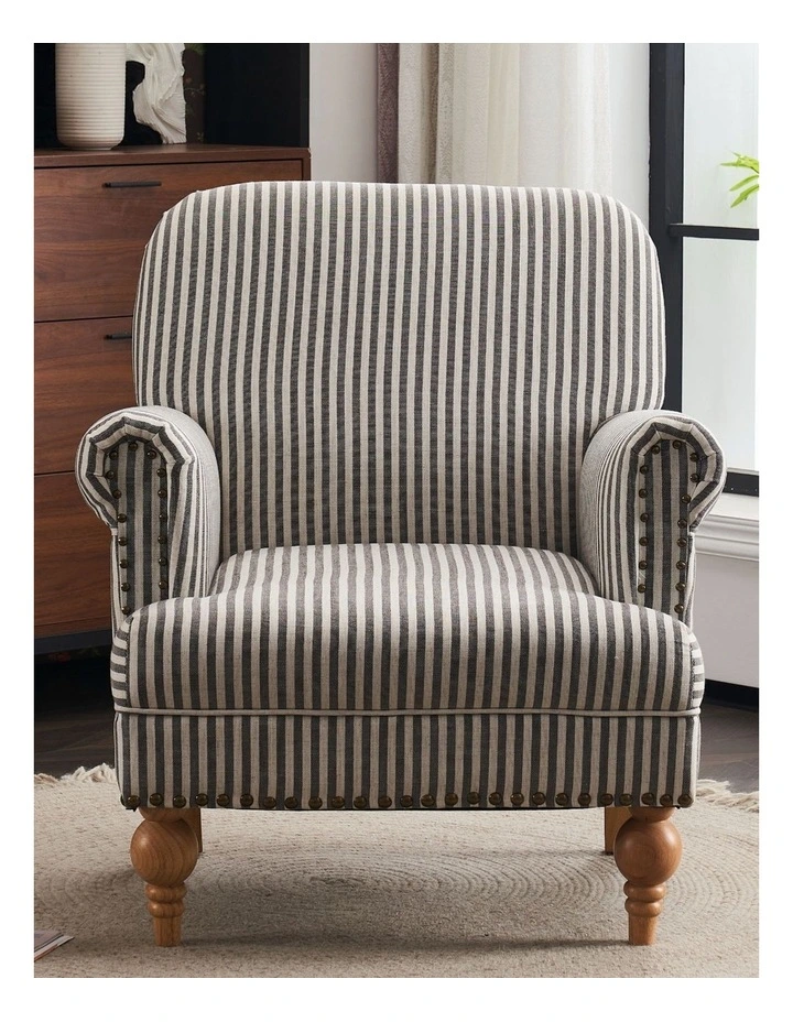 Striped Linen Fabric Accent Chair, Modern Farmhouse Upholstered Armchair with Nailhead Trim image 3