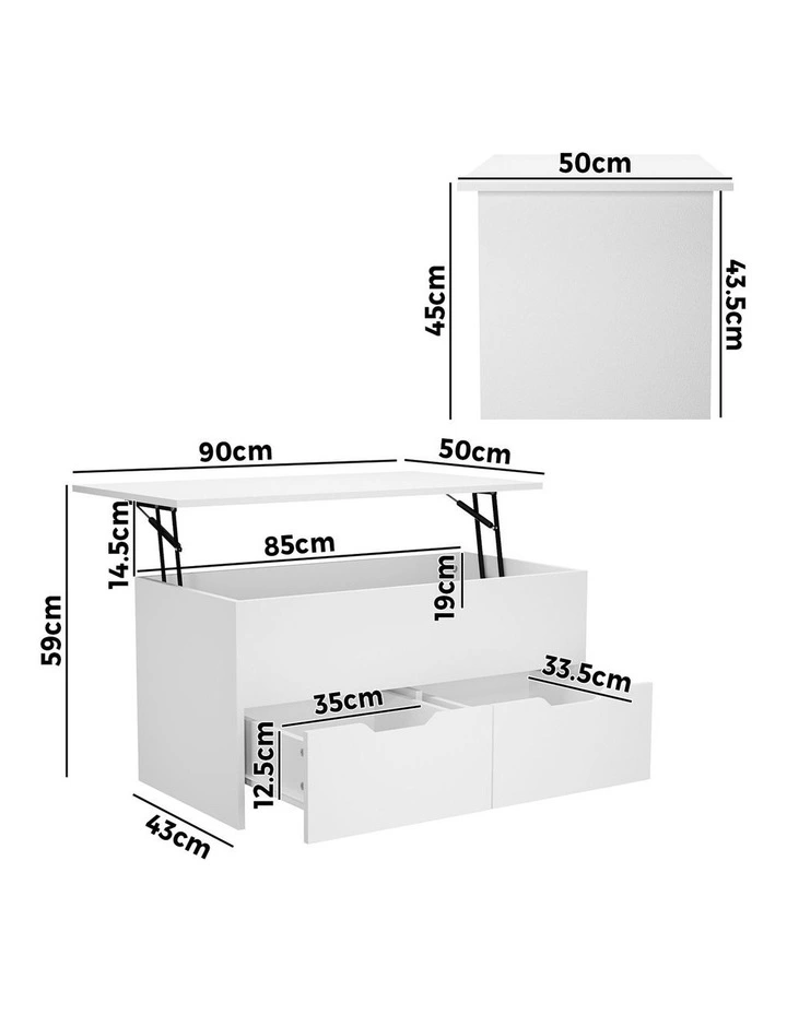 Oikiture Coffee Table Lift Up Top Hidden Storage Laptop Desk 2 Drawers White image 3