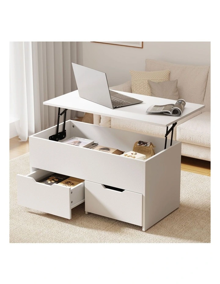 Oikiture Coffee Table Lift Up Top Hidden Storage Laptop Desk 2 Drawers White image 4