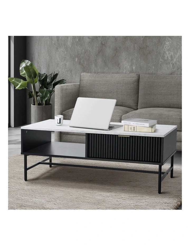 Oikiture Coffee Table 1 Drawer Sofa End Table Storage Shelf Black and White image 4
